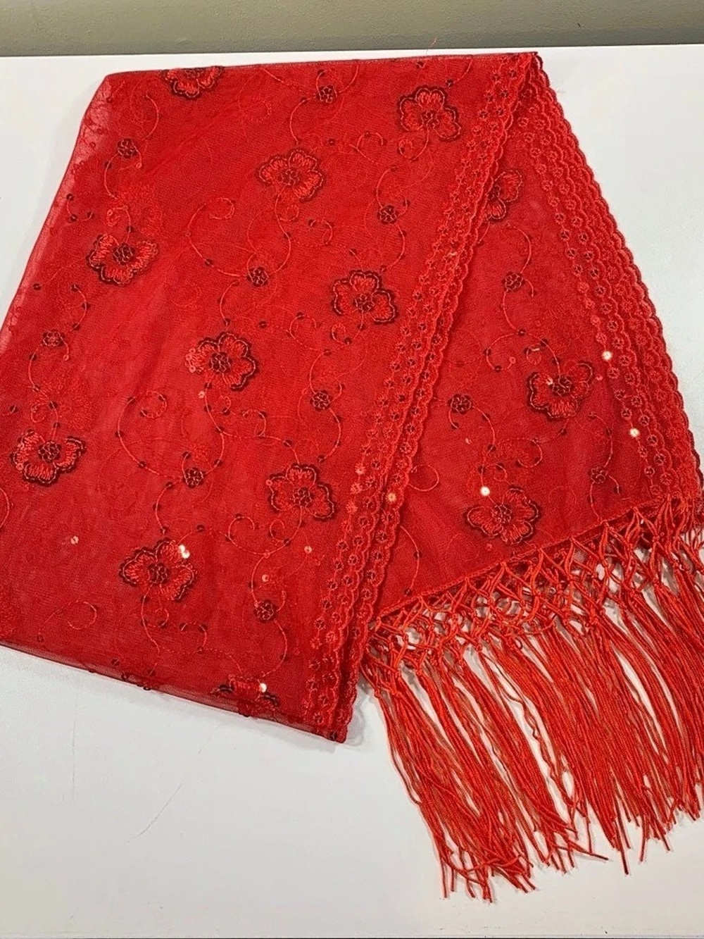 Red Floral Embroidered Sequin Fringe Scarf